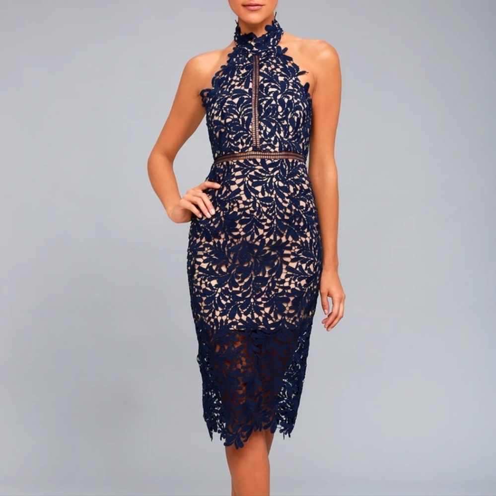 Divine Destiny Navy Blue Lace Midi Dresd